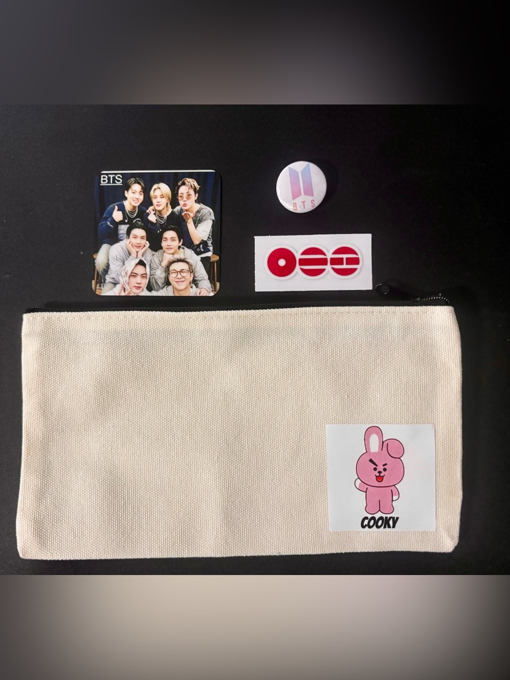 Cooky  Canvas Cosmetic Pouch with Arirang Sticker Decal, BTS pin and BTS Magnet